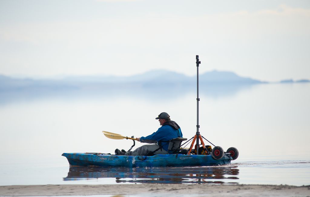 (Rachel Rydalch | The Salt Lake Tribune) Brian Footen kayaks along the shoreline of the Great Salt Lake while digital mapping on Friday, March 25, 2022. He is planning to paddle the entire lake in June.